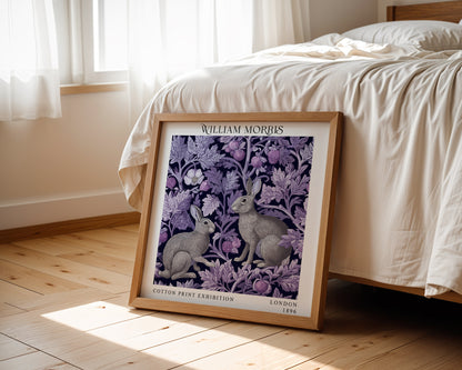 William Morris Style Rabbit Print – Purple Botanical Square Wall Art