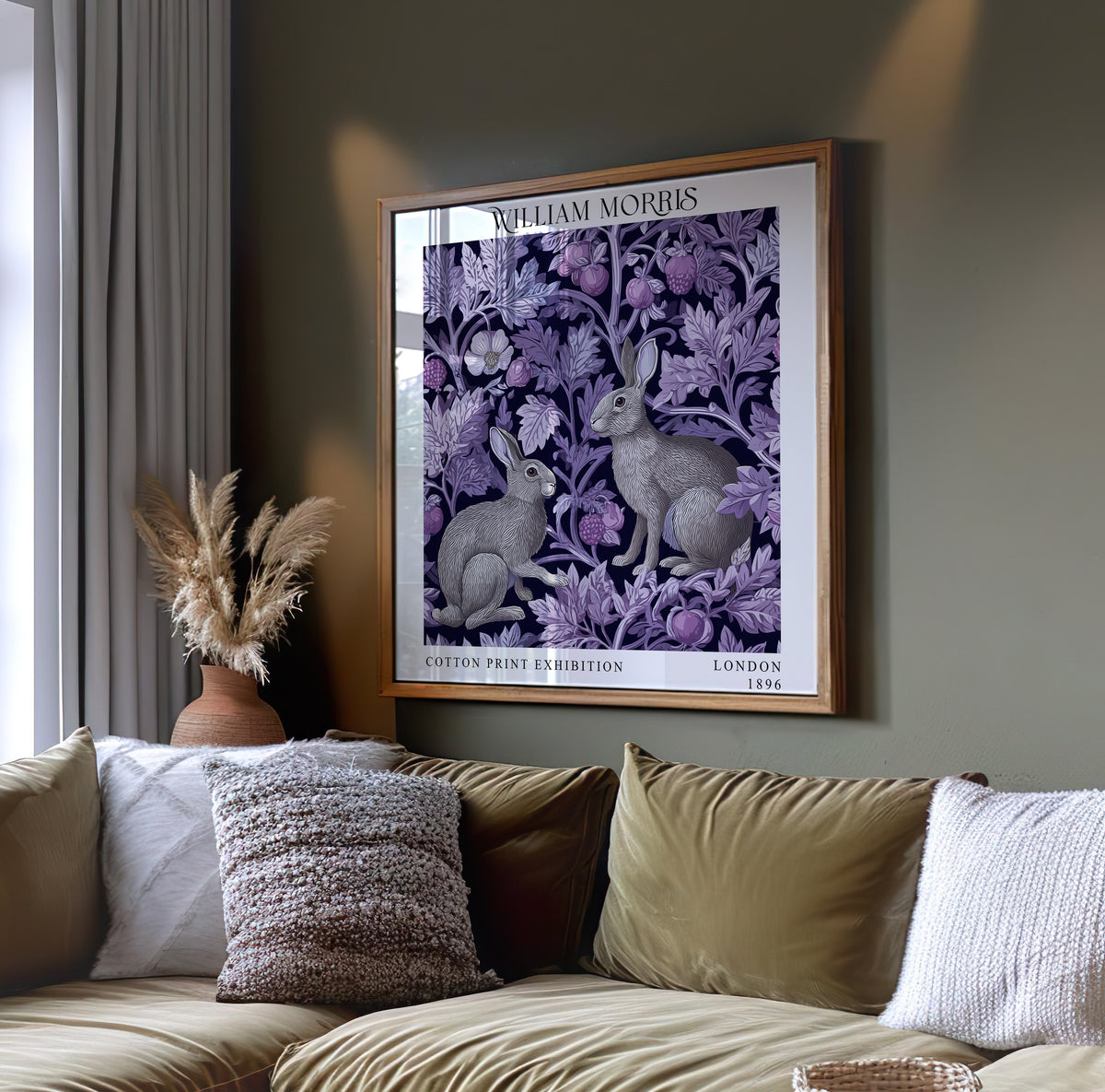William Morris Style Rabbit Print – Purple Botanical Square Wall Art