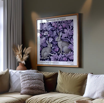 William Morris Style Rabbit Print – Purple Botanical Square Wall Art