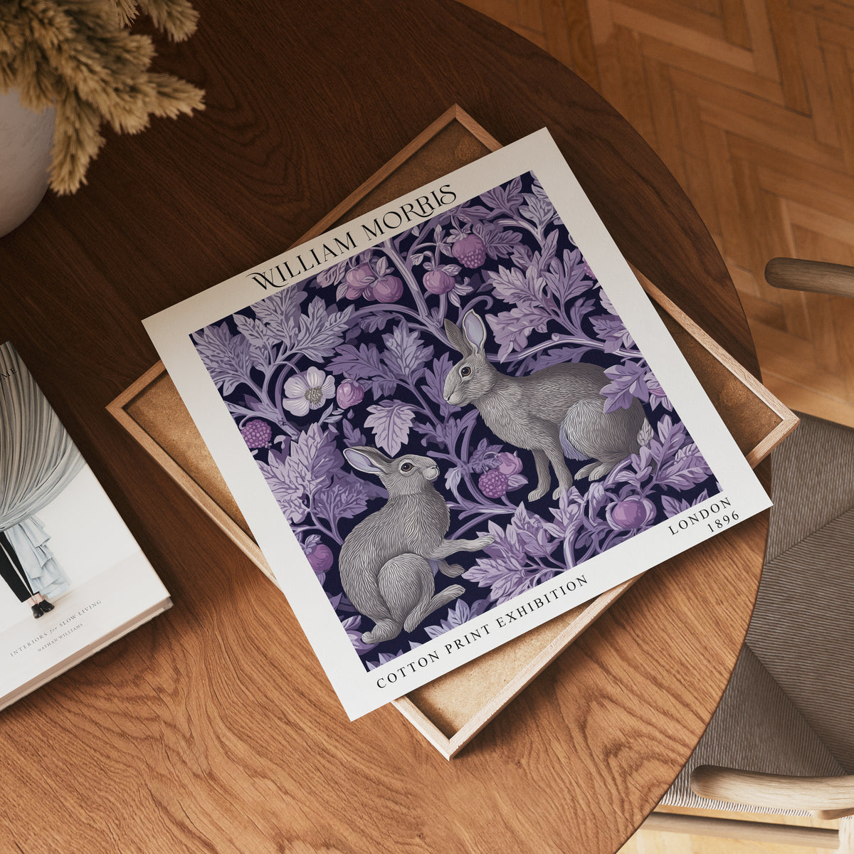 William Morris Style Rabbit Print – Purple Botanical Square Wall Art