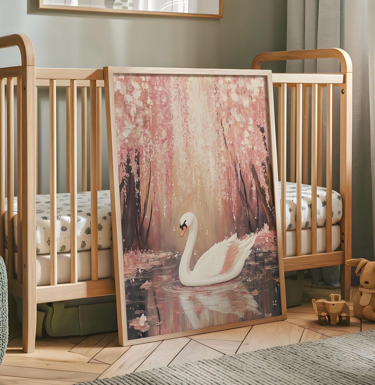 White swan nursery wall art on a reflective pond beneath pink blossom trees