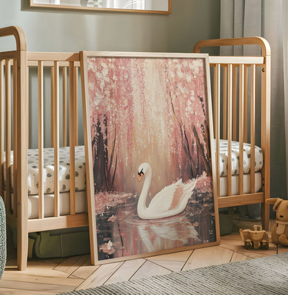 White swan nursery wall art on a reflective pond beneath pink blossom trees