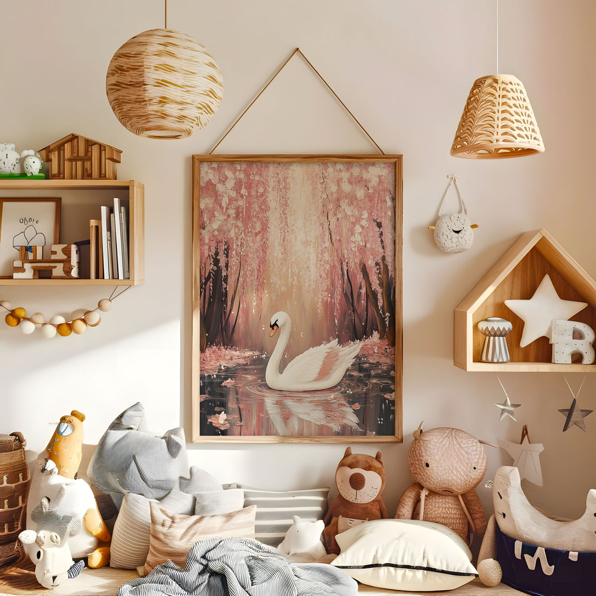White swan on a dark pond beneath pink woodland blossoms wall art in a warm kids bedroom