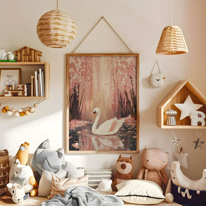 White swan on a dark pond beneath pink woodland blossoms wall art in a warm kids bedroom