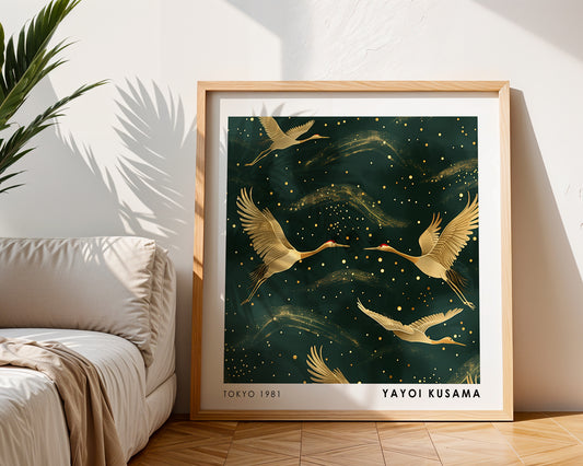 Yayoi Kusama Inspired Golden Crane Print | Japanese Bird Wall Art