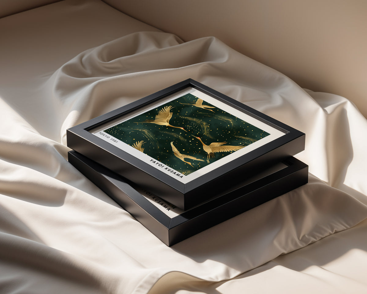 Yayoi Kusama Inspired Golden Crane Print | Japanese Bird Wall Art