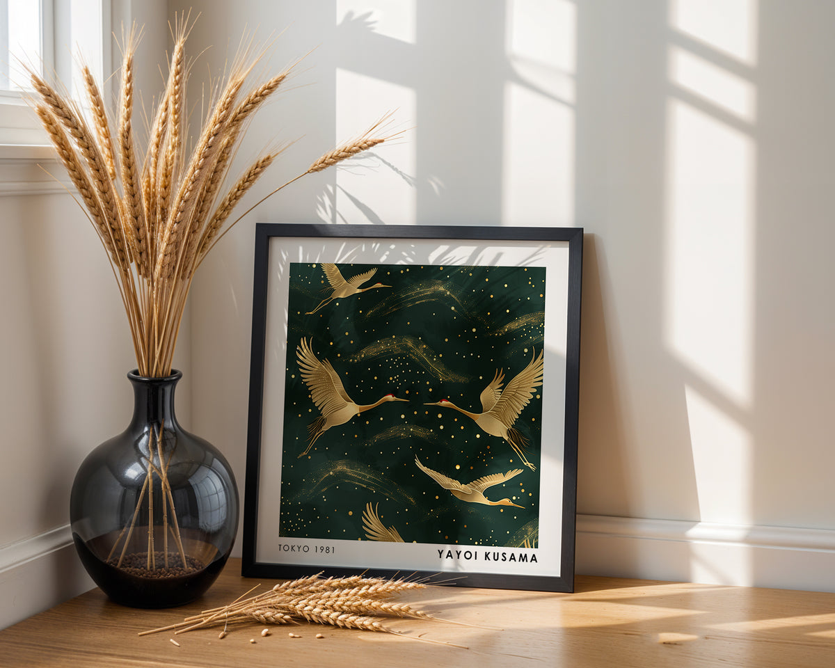 Yayoi Kusama Inspired Golden Crane Print | Japanese Bird Wall Art