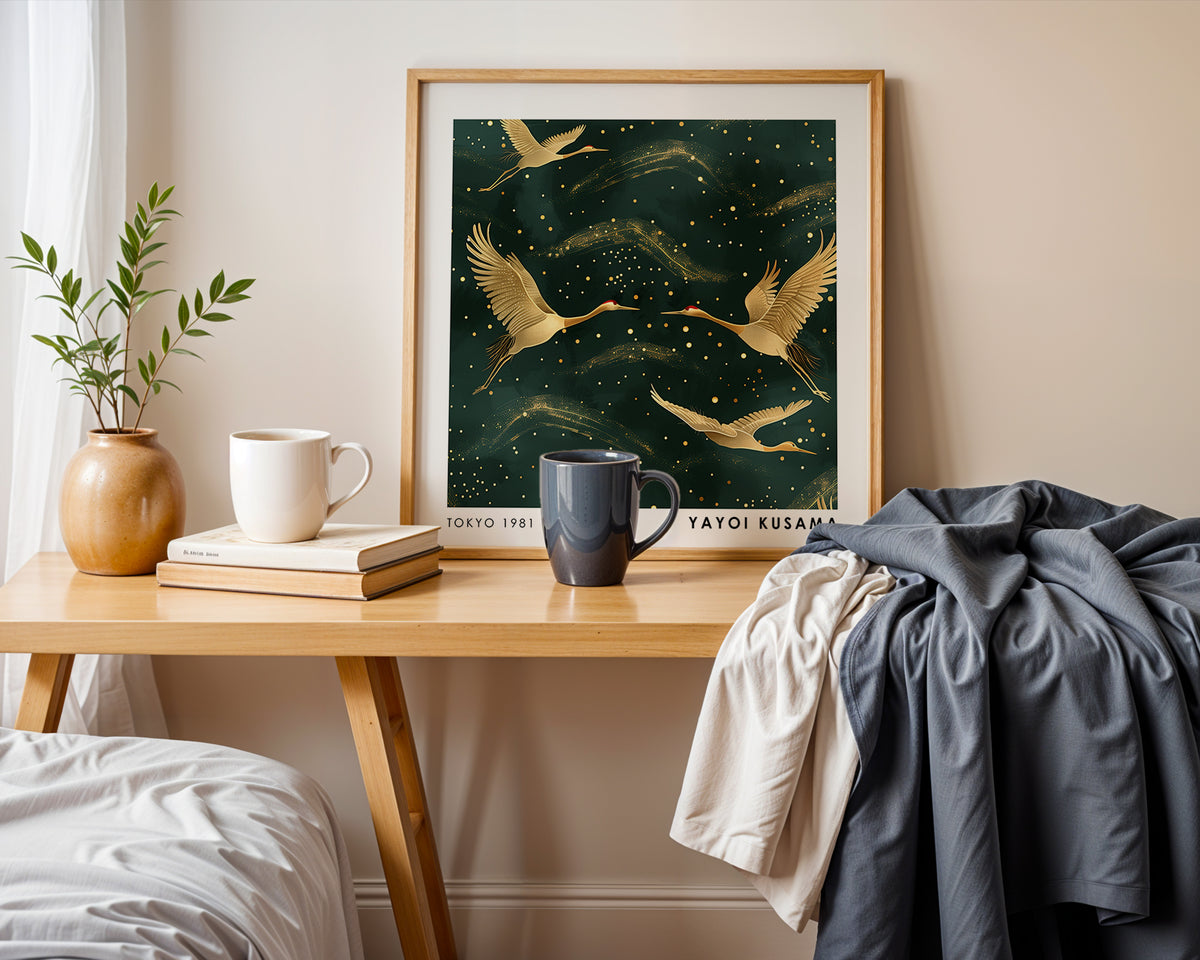 Yayoi Kusama Inspired Golden Crane Print | Japanese Bird Wall Art