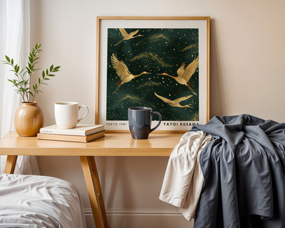 Yayoi Kusama Inspired Golden Crane Print | Japanese Bird Wall Art