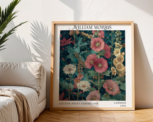 William Morris Style Red Floral Print – Dark Teal Square Wall Art