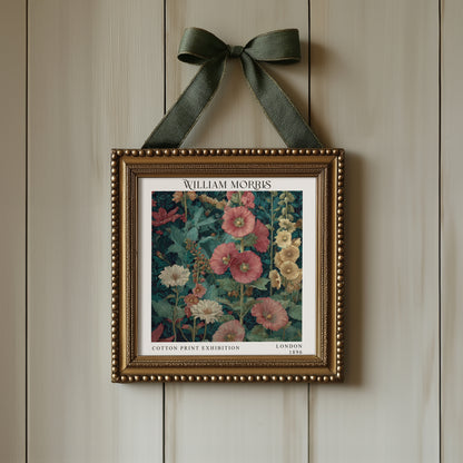 William Morris Style Red Floral Print – Dark Teal Square Wall Art