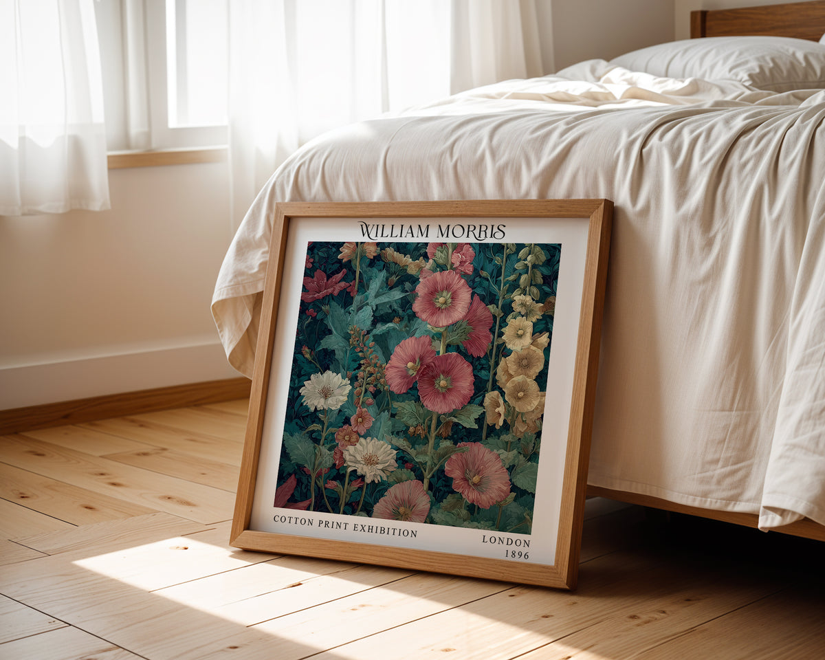 William Morris Style Red Floral Print – Dark Teal Square Wall Art