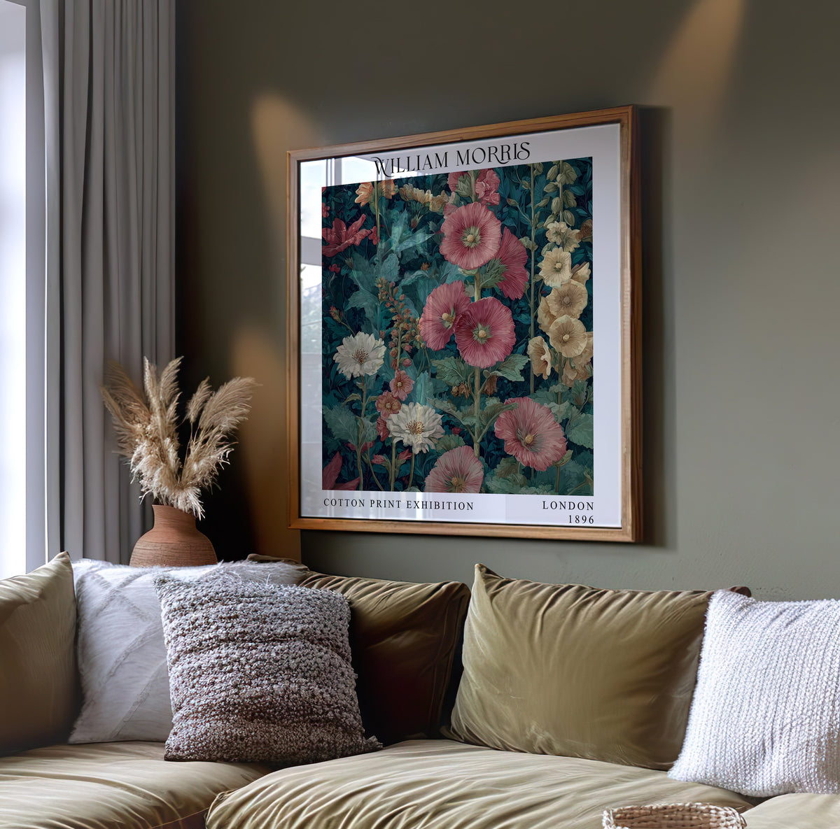 William Morris Style Red Floral Print – Dark Teal Square Wall Art