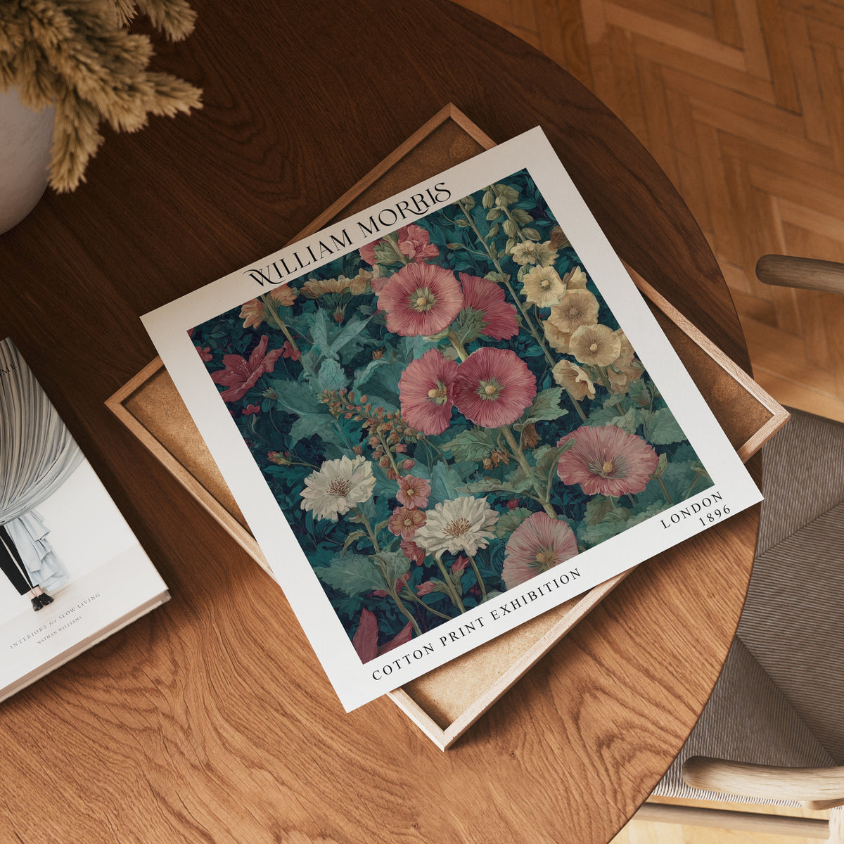 William Morris Style Red Floral Print – Dark Teal Square Wall Art