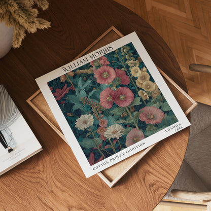 William Morris Style Red Floral Print – Dark Teal Square Wall Art