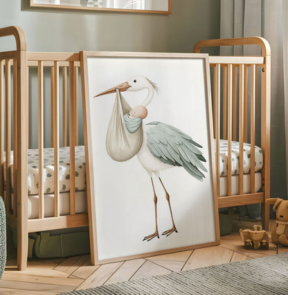 Stork carrying a sleeping baby nursery wall art in soft neutral and sage tones