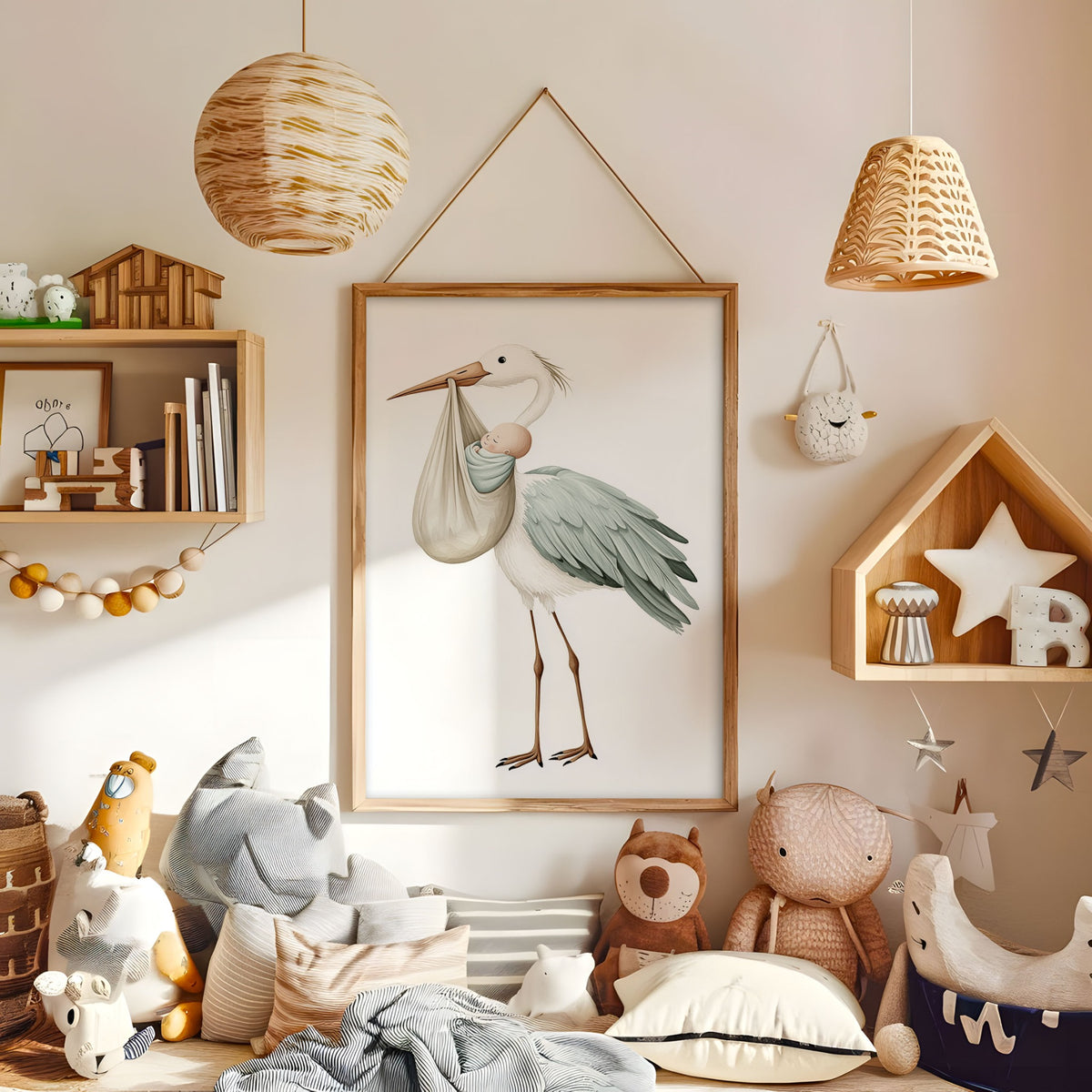 Neutral stork carrying baby wall art displayed in a warm kids bedroom