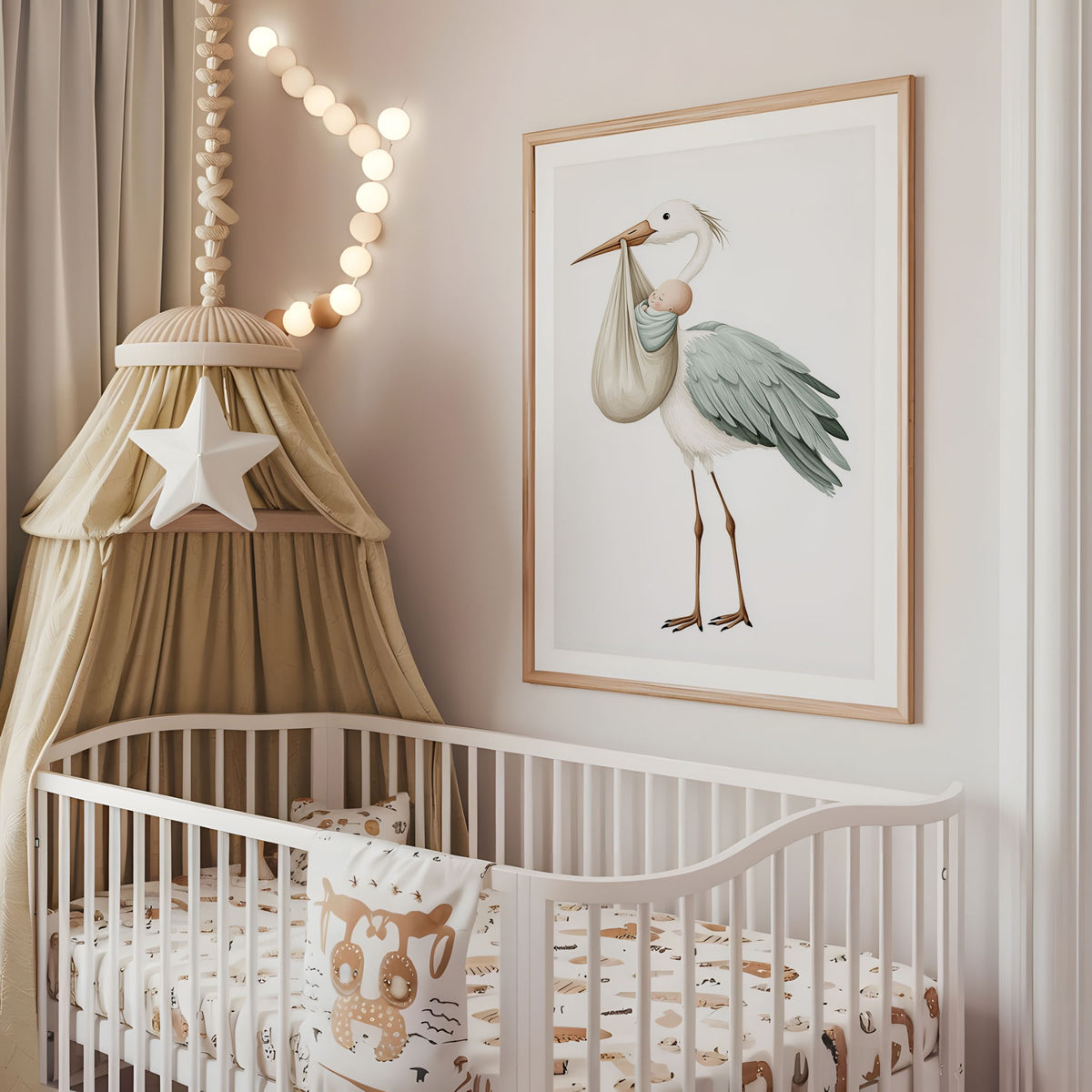Stork carrying a newborn baby nursery wall art displayed above a cot