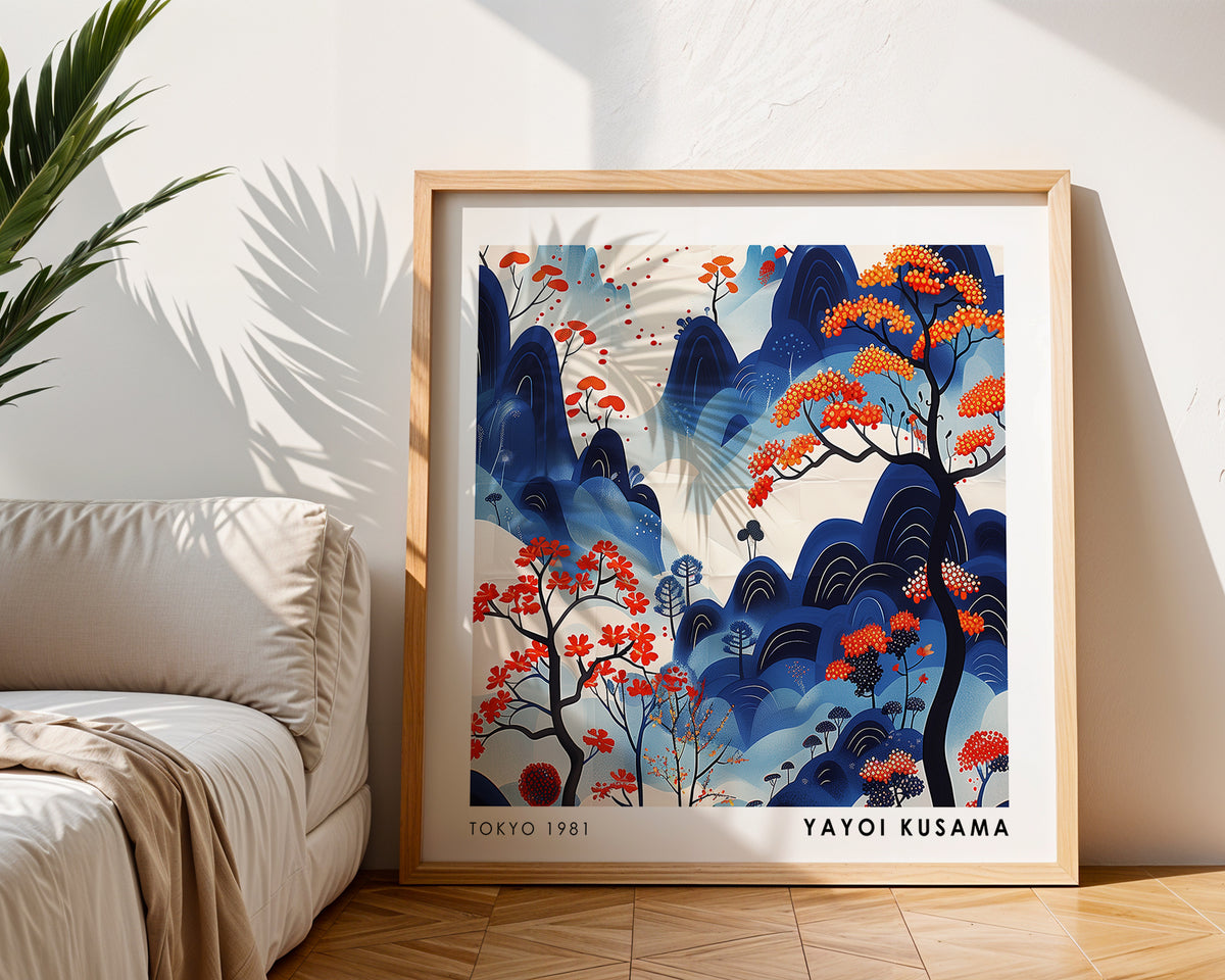 Yayoi Kusama Inspired Blue Mountain Forest Print | Orange Japanese Landscape Wall Art