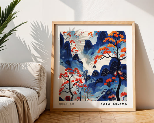 Yayoi Kusama Inspired Blue Mountain Forest Print | Orange Japanese Landscape Wall Art
