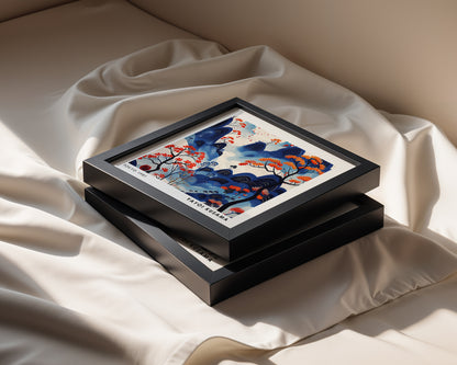 Yayoi Kusama Inspired Blue Mountain Forest Print | Orange Japanese Landscape Wall Art
