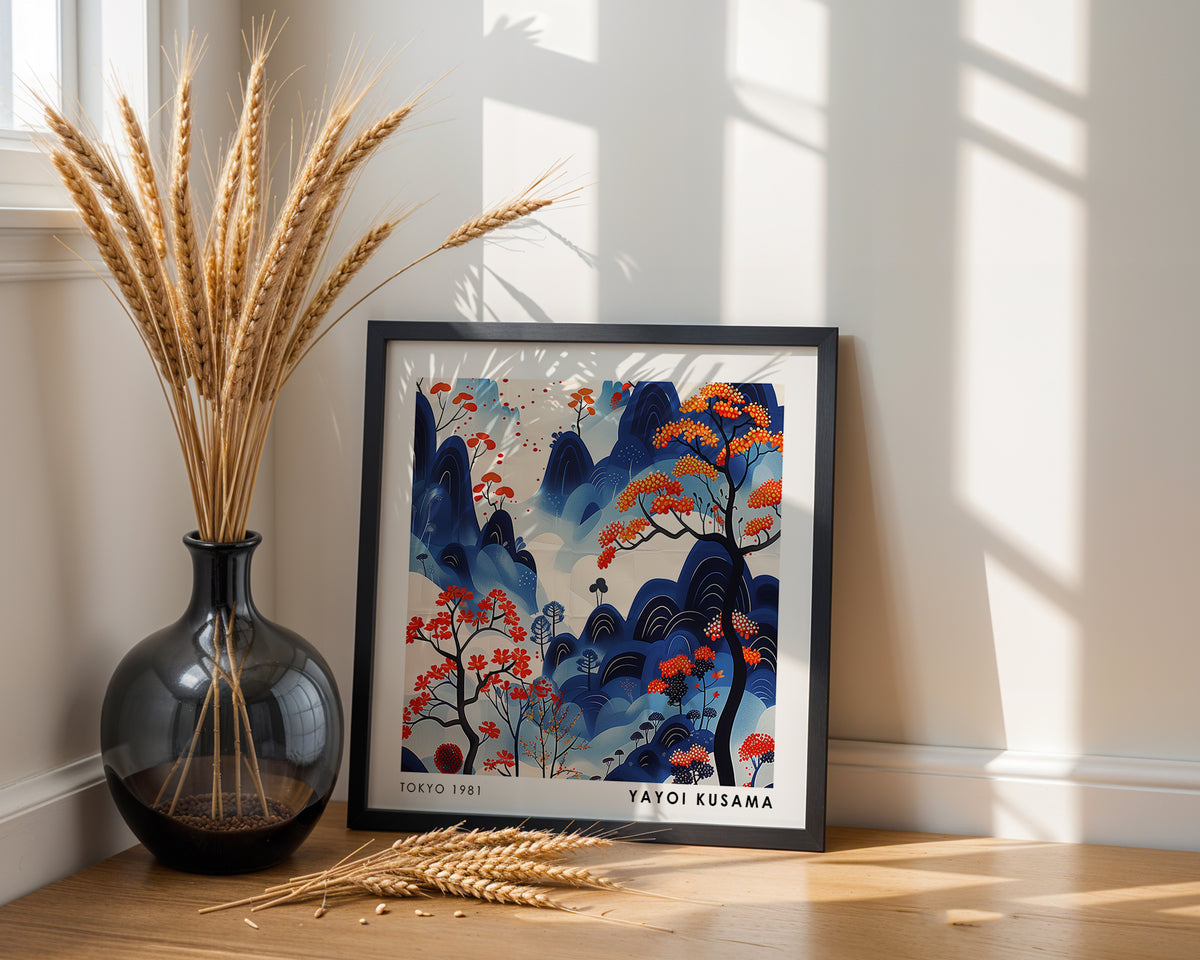 Yayoi Kusama Inspired Blue Mountain Forest Print | Orange Japanese Landscape Wall Art
