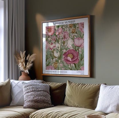 William Morris Style Pink Floral Print – Botanical Square Wall Art