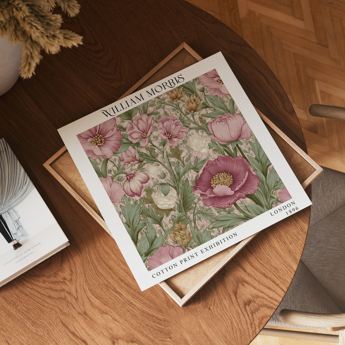 William Morris Style Pink Floral Print – Botanical Square Wall Art