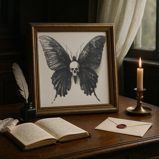 Skull Butterfly Print - Gothic Macabre Wall Art - Dark Academia Poster