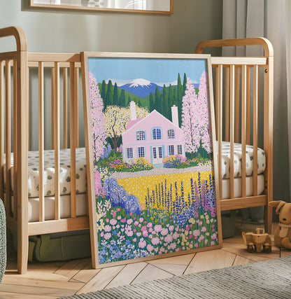 Pink cottage nursery wall art surrounded by colourful spring flowers and mountains