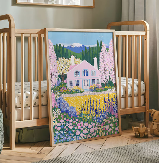 Pink cottage nursery wall art surrounded by colourful spring flowers and mountains
