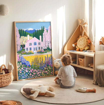 Colourful pink cottage and flower garden nursery print displayed in a bright child's room