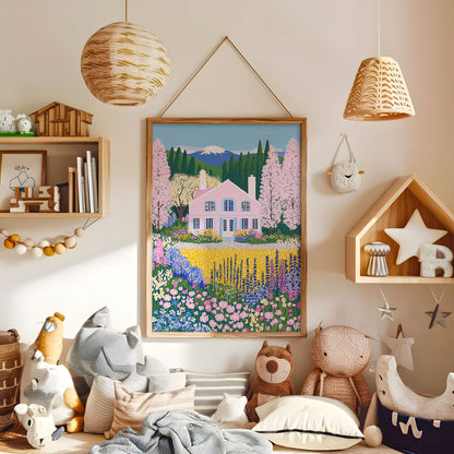 Pink country house with colourful flower garden and mountains wall art in a warm kids bedroom