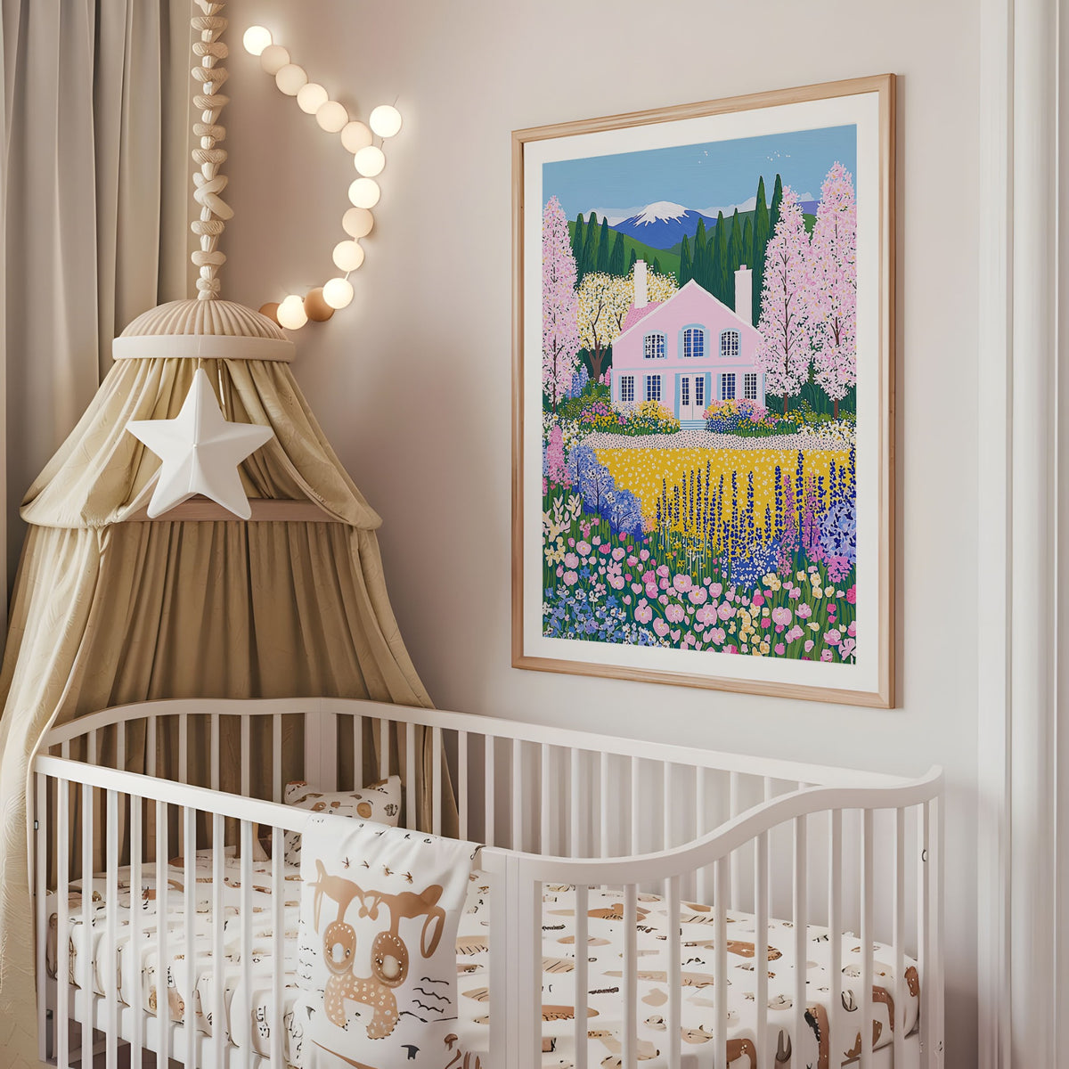 Pink floral cottage nursery wall art displayed above a cot