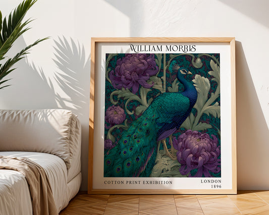 William Morris Style Peacock Print – Purple Botanical Square Wall Art