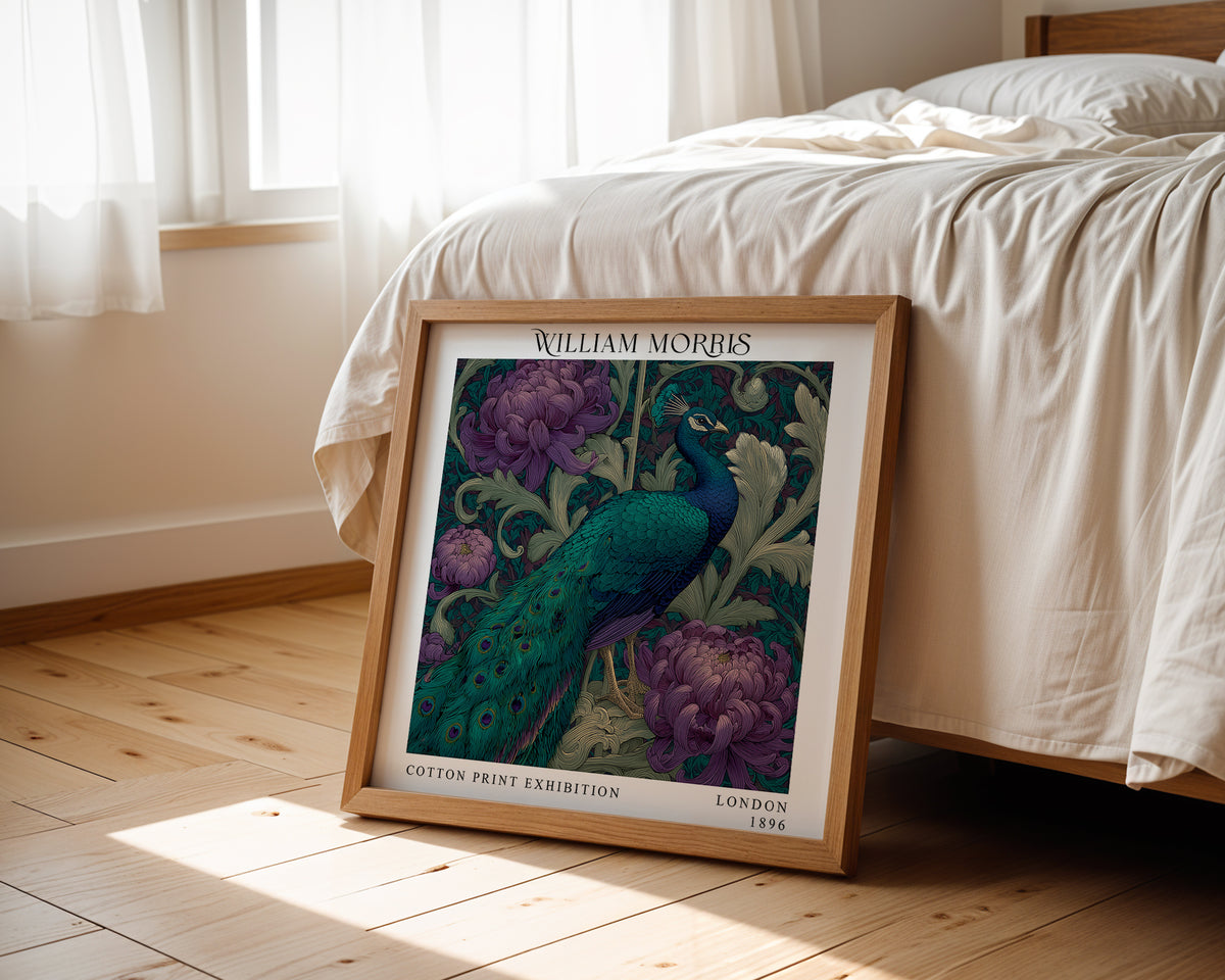 William Morris Style Peacock Print – Purple Botanical Square Wall Art