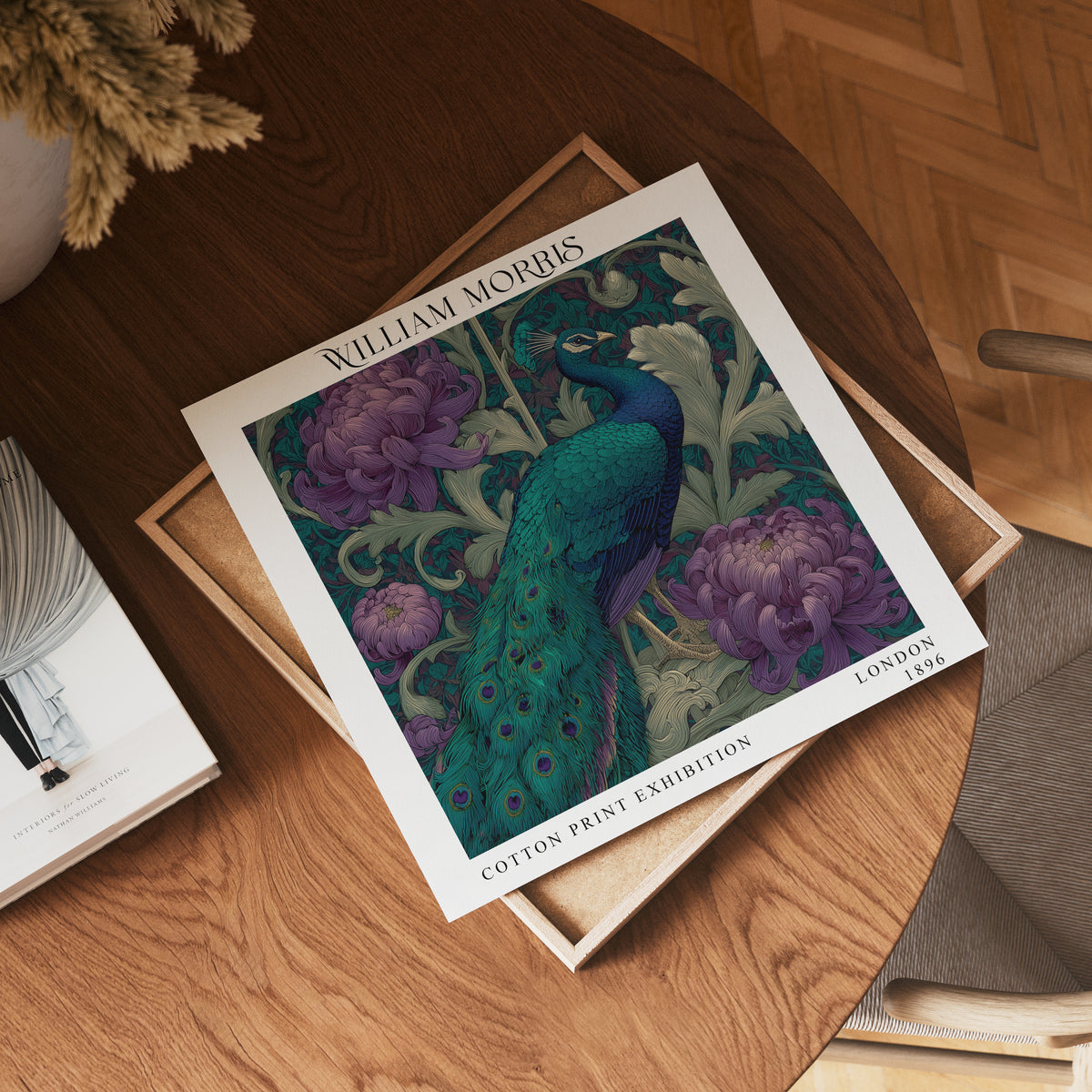 William Morris Style Peacock Print – Purple Botanical Square Wall Art
