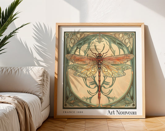 Art Nouveau Print - Vintage Floral Wall Art  - Dragonfly Art Deco Poster