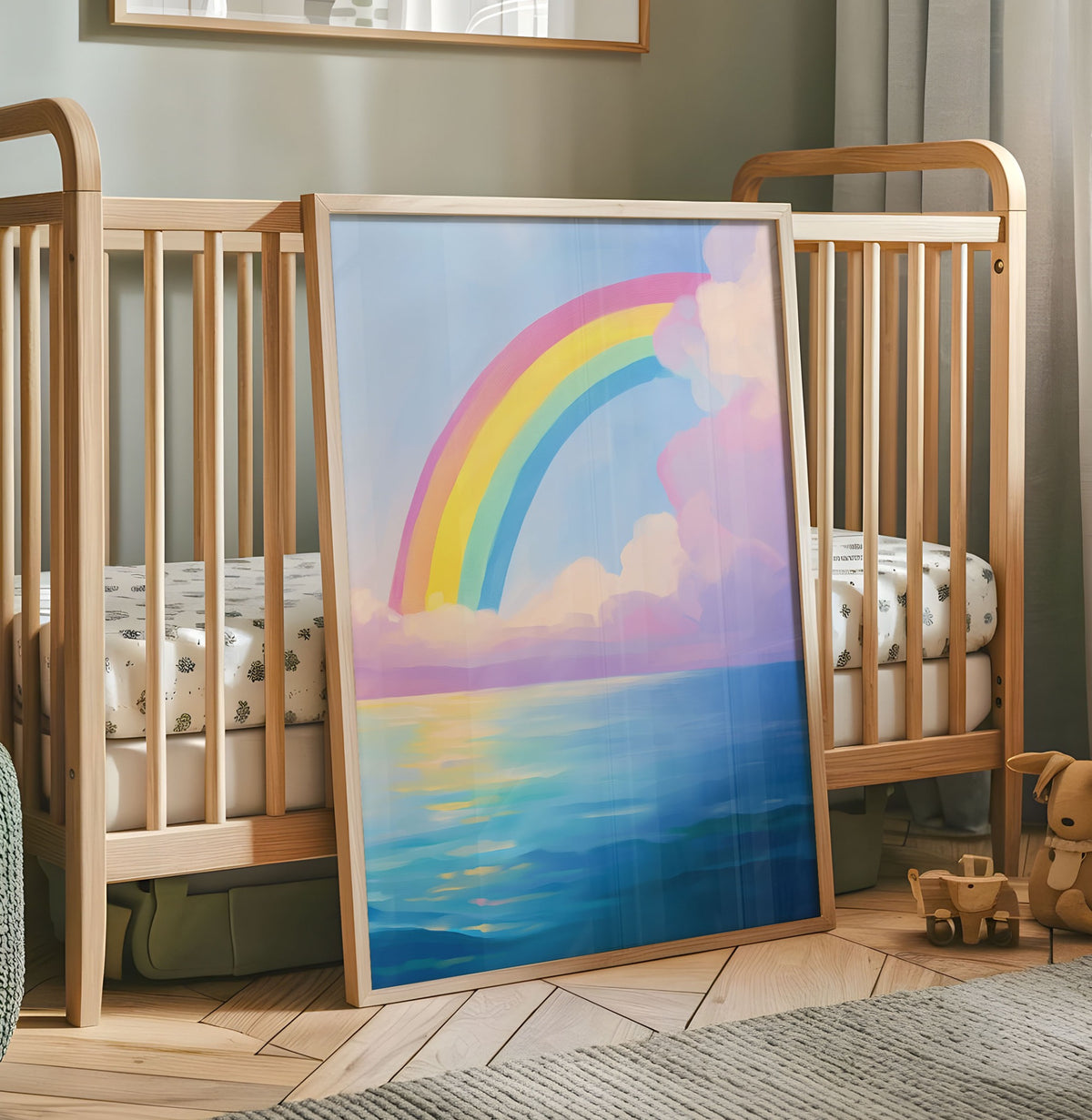 Pastel rainbow over calm blue ocean nursery wall art with pink and purple clouds