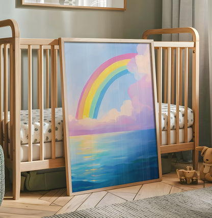 Pastel rainbow over calm blue ocean nursery wall art with pink and purple clouds