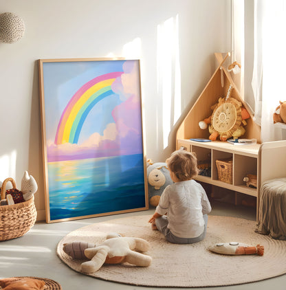 Pastel rainbow ocean nursery print displayed in a bright child's room