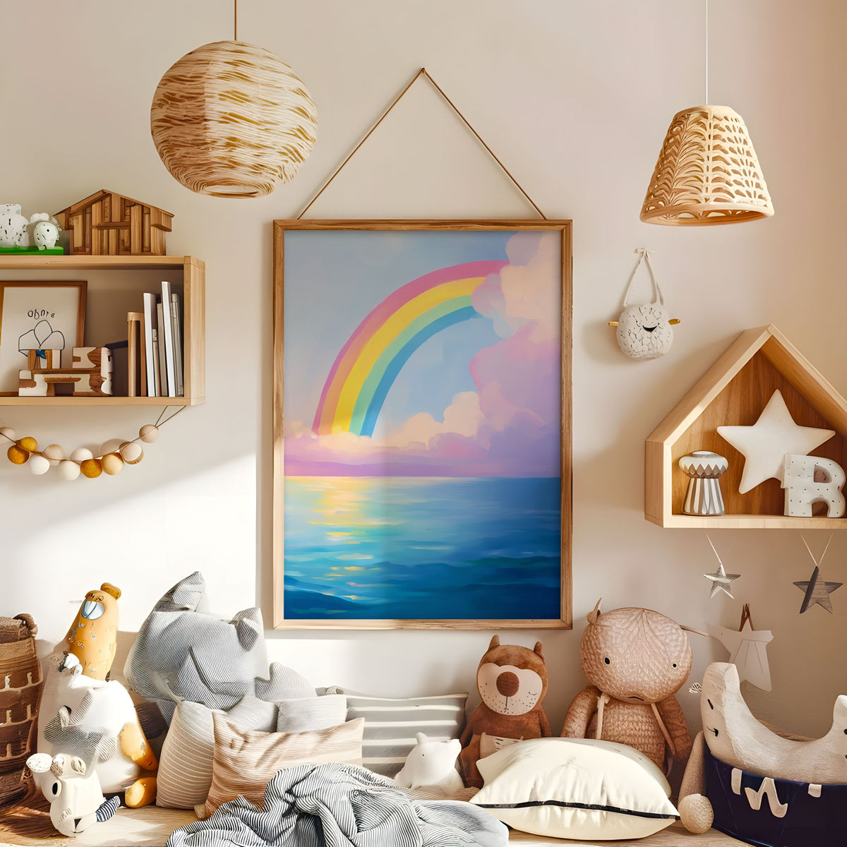 Colourful rainbow over blue sea wall art displayed in a warm kids bedroom