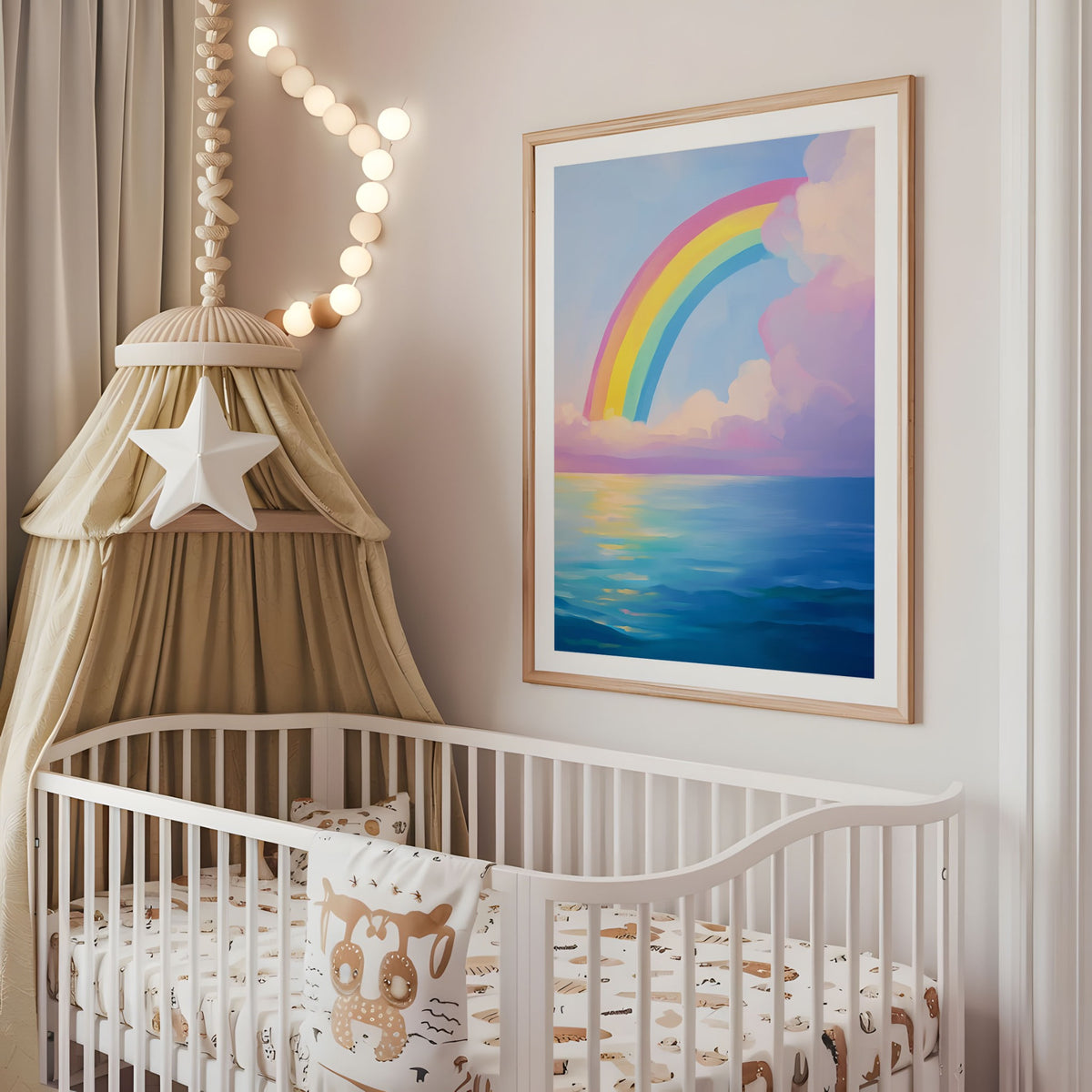 Pastel rainbow and ocean nursery wall art displayed above a cot
