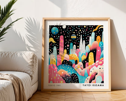 Yayoi Kusama Inspired Colourful Abstract Landscape Print | Japanese Polka Dot Wall Art