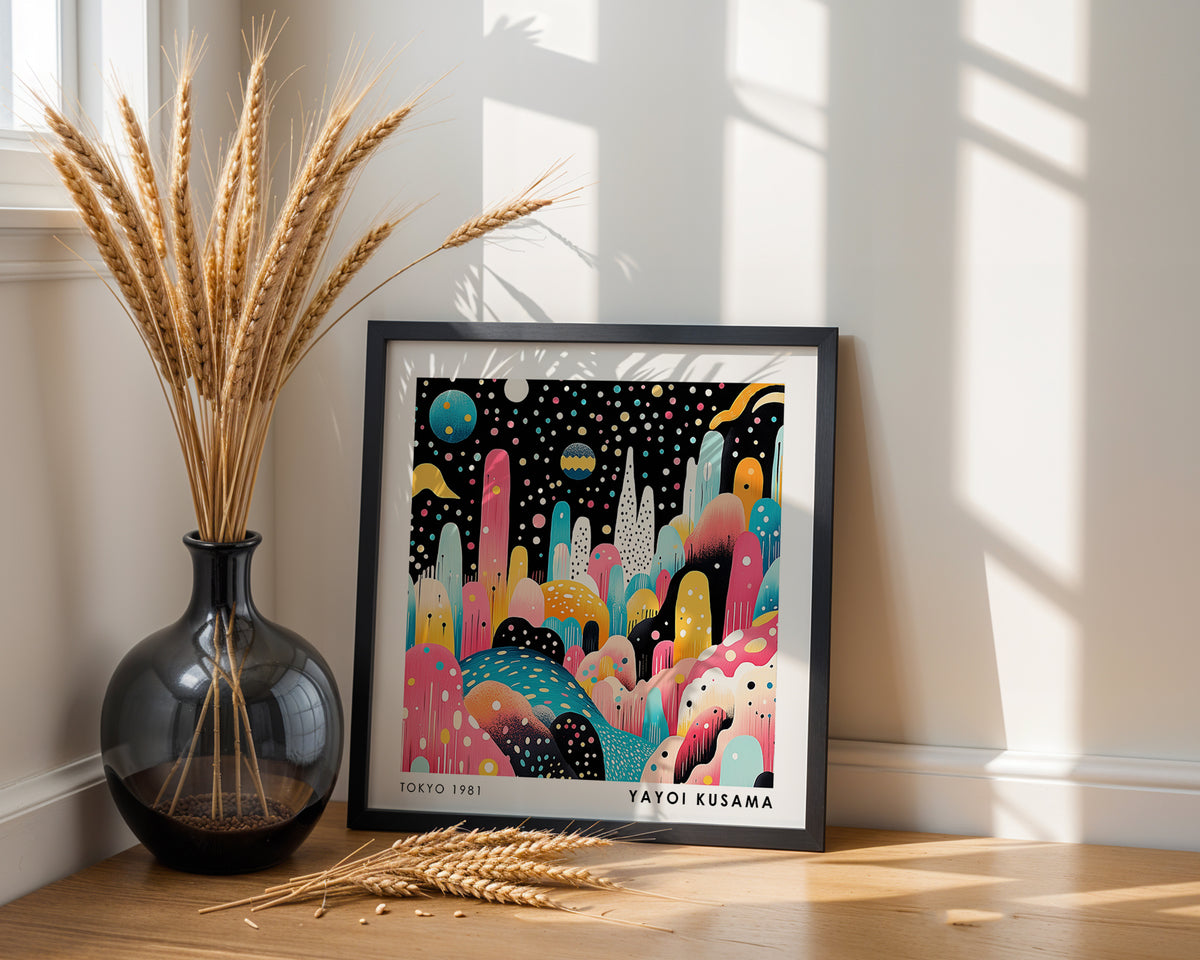Yayoi Kusama Inspired Colourful Abstract Landscape Print | Japanese Polka Dot Wall Art