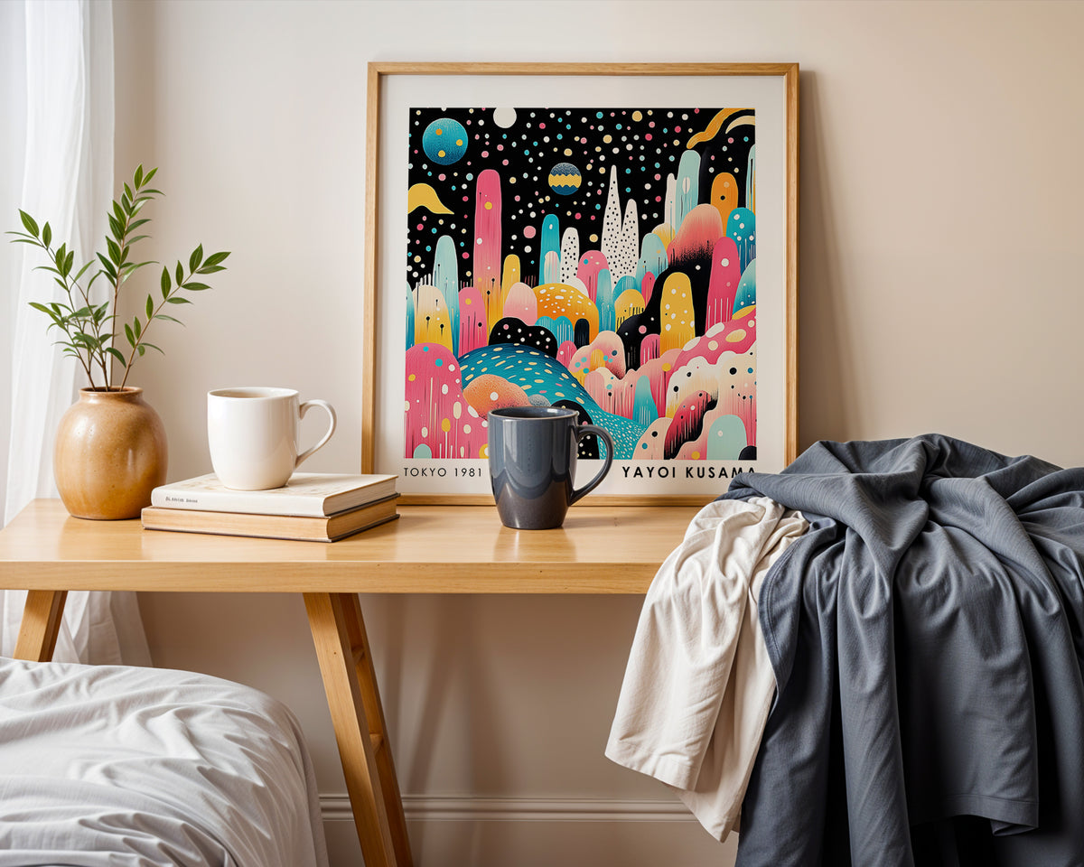 Yayoi Kusama Inspired Colourful Abstract Landscape Print | Japanese Polka Dot Wall Art