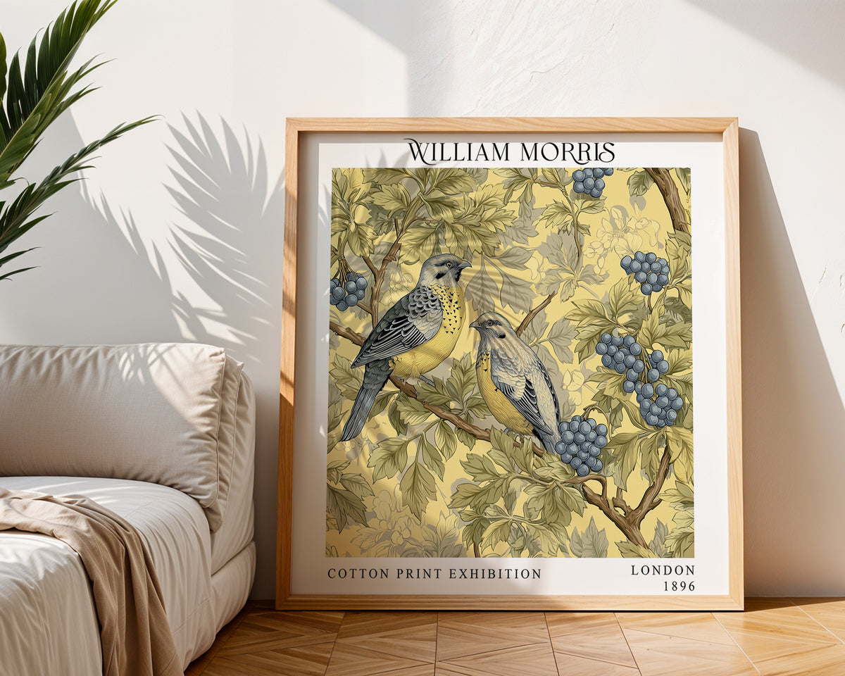 William Morris Style Birds & Berries Print – Yellow Botanical Square Wall Art