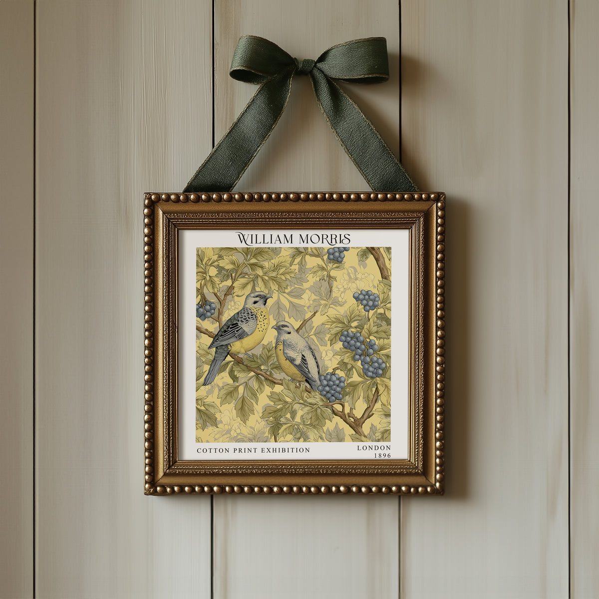 William Morris Style Birds & Berries Print – Yellow Botanical Square Wall Art