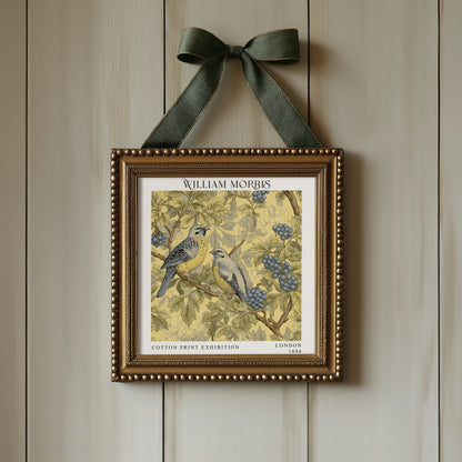 William Morris Style Birds & Berries Print – Yellow Botanical Square Wall Art