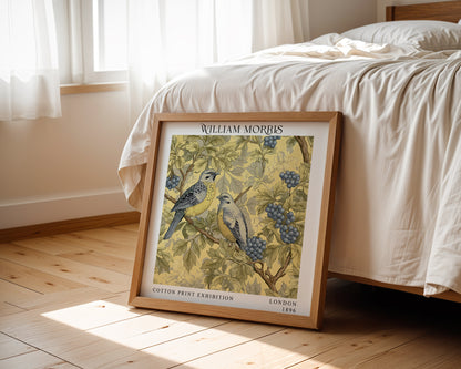 William Morris Style Birds & Berries Print – Yellow Botanical Square Wall Art